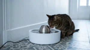 Chat tigré buvant à une fontaine électrique posée dans un couloir au sol en carreaux de ciment gris-bleu