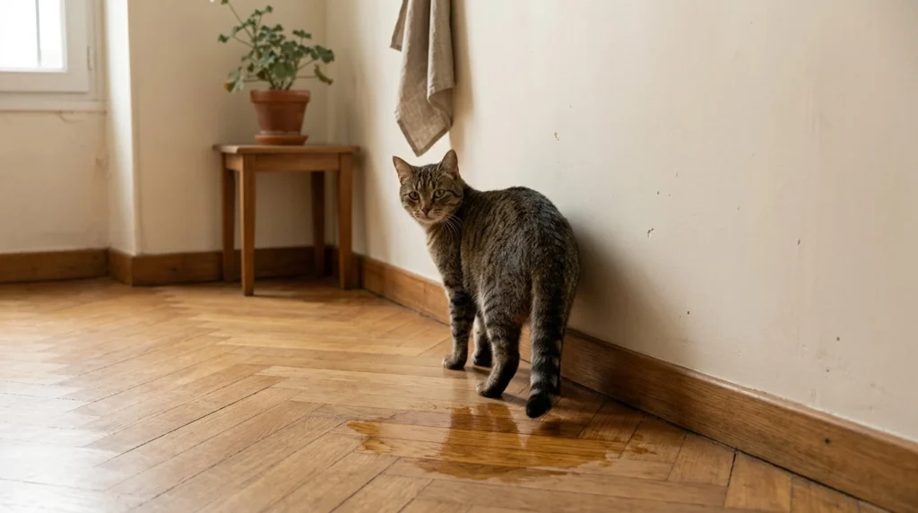 Chat tigré debout dans un coin de pièce, une trace d'urine fraîche sur le parquet derrière lui