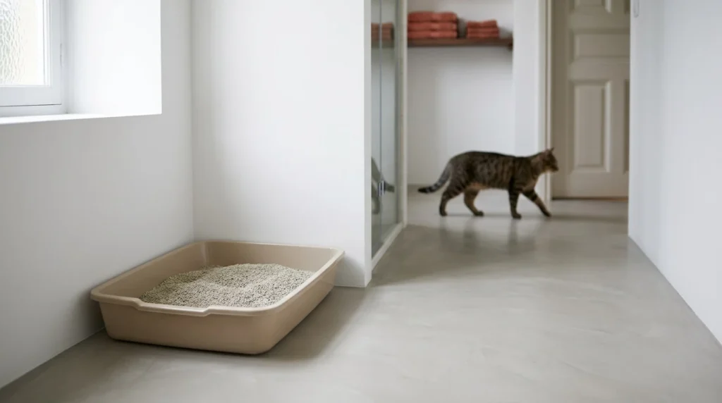 Bac à litière dans l'angle d'une salle d'eau au sol béton, à l'écart du couloir où passe un chat tigré