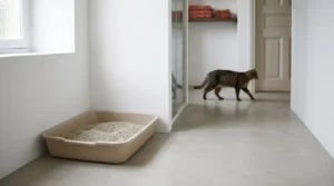 Bac à litière dans l'angle d'une salle d'eau au sol béton, à l'écart du couloir où passe un chat tigré