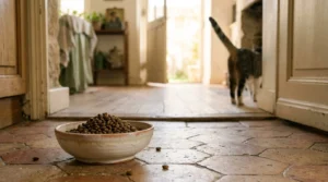 Gamelle de croquettes pleine au premier plan, un chat tigré s'éloigne vers une porte ouverte