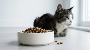 Bol de croquettes en céramique au premier plan, un vieux chat au museau blanchi couché en arrière-plan sans y toucher
