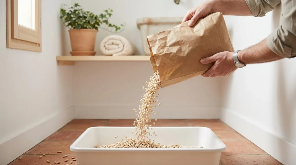 Litière de fibre de bois versée depuis un sac dans un bac propre et vide