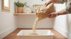 Litière de fibre de bois versée depuis un sac dans un bac propre et vide