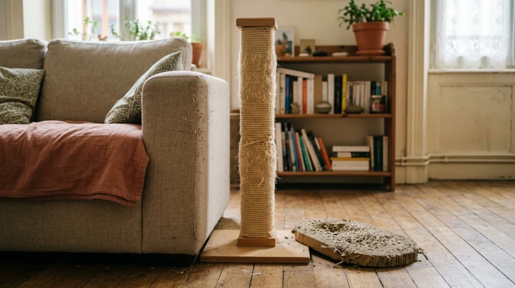 Poteau griffoir en sisal posé près d'un canapé dans un salon clair