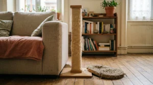 Poteau griffoir en sisal posé près d'un canapé dans un salon clair